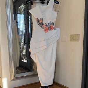 Chic Asymmetrical White Dress with Floral Accents